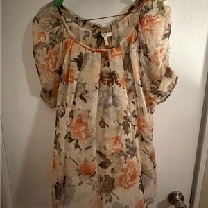 Joie Beige Floral Chiffon Tunic with Orange & Gray Print